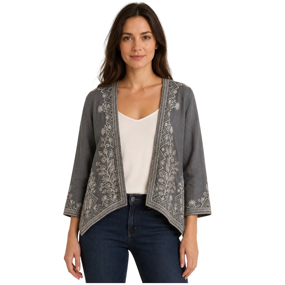 Johnny Was Embroidered Linen Open Front Cardigan Jacket Grey Medium